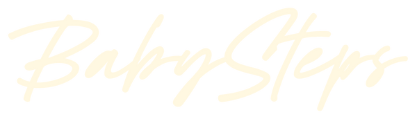 Gold 'Baby Steps' text on a white background